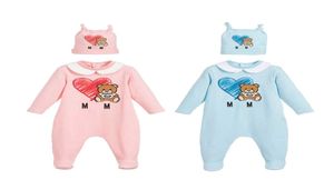 Nova chegada moda bebê recém-nascido roupas da menina manga longa algodão bonito dos desenhos animados urso recém-nascido bebê menino macacão e chapéu babadores sets6219186