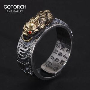 Vintage Pure Silver S925 Six Words Heart Sutra Ring Mens Adjustable Golden Pixiu Vajra Buddhist Religious Fine Jewelry 240305