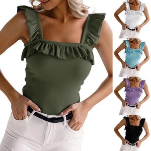 Camisoles & Tanks Loose Women Cute Sleeveless Top Ruffle Strap Neck Blouse Solid Color Knitted Camisole Elegant Shirt Cotton Bra