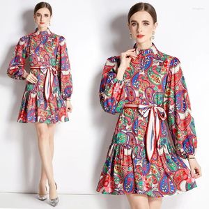 Casual Dresses Young Sweet Lady Red Flower Printed Ruched Vacation Fashion Long Lantern Sleeve Bandage Corest Bodycon Ethnic Vestidos