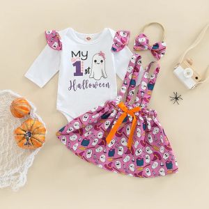 Abiti ma baby 018M 1° Halloween Baby Girl Clothes Set Cute Lettera Fantasma Stampa Pagliaccetto Gonne Fascia Abiti Costumi D01