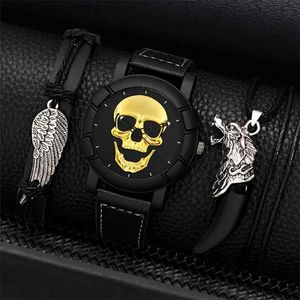 Other Watches 3PCS Luxury Mens Skull es Classic Men Business Leather Quartz Wrist Fashion Male Black Necklace Bracelet Y240316