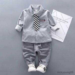 Conjuntos de roupas infantil terno de manga comprida conjunto de 2 peças 0-5 anos de idade bebê menino camisa de lapela com gravata