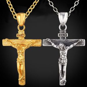 Collana con croce da uomo in acciaio inossidabile, oro, argento, collane con ciondolo Gesù, moda gioielli Hip Hop248N