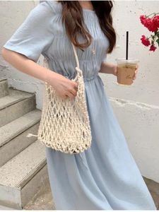 Party Dresses Vintage Woman 2024 Flhjlwoc Summer Casual O Neck Sky Blue Korean Japan Style Clothes Date Wear Cute Dress Long 606