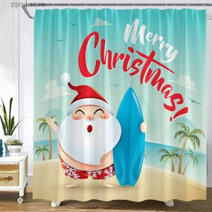 Duschgardiner Cartoon Christmas Shower Curtains Funny Santa Clause Surfboard Beach Tropical Palm Trees New Year Xmas Fabric Badrum Dekor Set Y240316