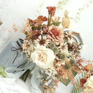 Buquês de flores artificiais vintage, buquê de noivas para casamento, peônia de seda, buquê de casamento falso 240313