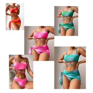 Maiô Bikini Designer Smudge contraste cor sling sexy beira-mar natação férias esportes verão fresco confortável e casual feminino halter top envoltório saia quadril