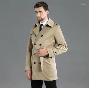 Erkek trençkotları haki erkek adam çift göğüslü ceket erkekler kısa kıyafetler bahar sonbahar ince fit palto uzun kollu 2024 tasarımcı