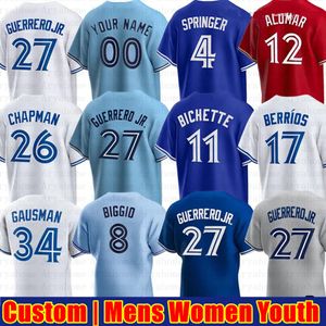 Personalizado 27 Vladimir Guerrero Jr. 11 Bo Bichette Jersey de beisebol Alejandro Kirk Alek Manoah Matt Chapman George Springer Drury Hernandez Cavan Biggio Hyun Jin Ryu