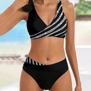 Mulheres Swimwear Mulheres Bikini Swimsuit Sexy Set Elegante Conjuntos Contraste Cor Listrado Impressão Sutiã Acolchoado Alto para Esportes