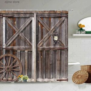 Shower Curtains Vintage Wooden Door Shower Curtains for Bathroom Decor Retro Farm Barn Wheel Flowers Board Light Modern Garden Home Wall Hanging Y240316