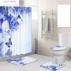 シャワーカーテン素朴な蝶の花シャワーカーテンセットブルーローズフローラルスプリング植物バスルームの装飾ノンスリップラグバスマットトイレトイレカバーY240316