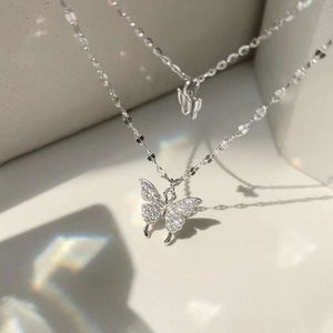 New Designer Jewelry Double Layer Butterfly Necklace Women's Korean Edition Sparkling Diamond Trendy Neckchain Light High Sense Versatile