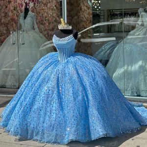 Gökyüzü mavisi parıltı omuz balo elbisesi quinceanera elbiseler tatlı 16 prenses dantel kristal boncuklar Tull balo elbiseleri vestidos de 15 anos