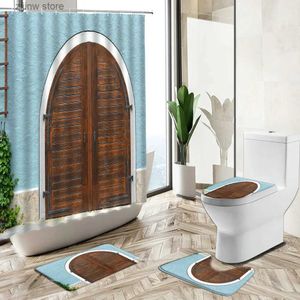 Shower Curtains Vintage Old Arched Wooden Door Shower Curtains Creative Geometric Country Farmhouse Non-Slip Carpet Toilet Cover Floor Mat Set Y240316