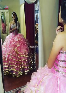 Özel Yapım Pembe Tatlı 16 Quinceanera Elbiseler Sevgiliye fırfırlı tren korse arka boncuk vestidos de 15 anos debutante önlükleri plus3923877