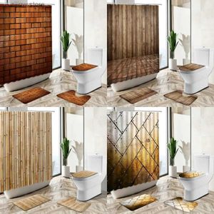 Zasłony prysznicowe dekoracja przemysłowa Zestaw zasłony prysznicowej retro drewniana deska cegła metalowe drzwi łazienka bez poślizgu dywan toaleta mata podłogowa y240316