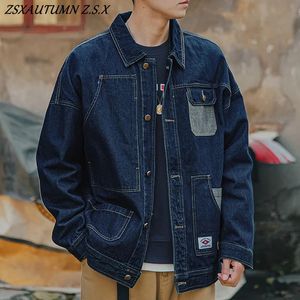 Japonês azul denim jaqueta homem retro solto outerwear jeans carga cowboy casual blusão bolsos streetwear casacos 240311