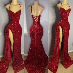 Sparkly Dark Red Prom Dress for Black Girl High Slit Halter ärmlösa paljetter sjöjungfru kväll formella födelsedagsklänningar mantel de soiree skräddarsydda