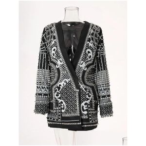Women garnitury Blazers High Street EST Stylowa designerska kurtka V-Neck Luksusowy luksusowy metalowy blazer z koralikami 230920