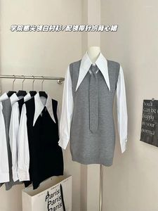 Vestidos de trabalho Roupas de moda japonesa 2 peças conjunto escritório senhora polo-pescoço blusas simples baggy malha a-line vestido high-end estilo formal y2k