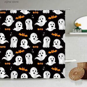 Shower Curtains Cartoon Funny White Ghost Shower Curtain Bat Creative Halloween Bath Curtains Black Fabric Print Children Bathroom Decor Sets Y240316