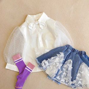 衣類セット秋の女の子の服セットフレンチシャツ +3次元デニムスカート2PCSベビーキッズ服スーツ子供服