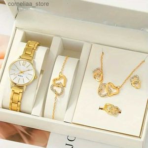 Andra klockor 6st/set Womens Luxury Golden Quartz Heart Rhinestone Jewelry Set Valentines Gift till sin Y240316