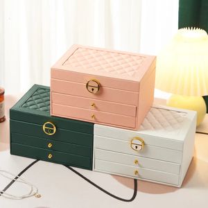 Rhombic threelayer drawertype lock jewelry storage box necklace ring ear jewelry storage box jewelry box 240315