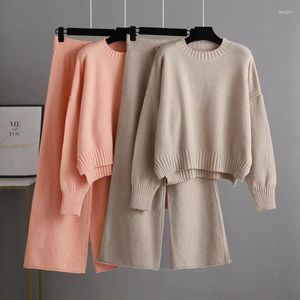 Women's Two Piece Pants Sweater Set Fashion Casual Loose Round Neck Long-sleeved Knitted Jumper Elastic Waist Trousers 2pcs Matching