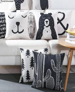 Siyah ve Beyaz Sevimli Ayı Yastık Kapağı Güzel Çizgi Karikatür Hayvan Kaktüs Bitki Geometrik Yastık Kılıfı Ev Sandalyesi için Nordic Style2864526