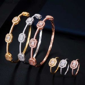 Wedding Jewelry Sets CWWZircons Stackable Square Cubic Zirconia 585 Rose Gold Color Cuff Bracelet Ring Set Womens Fashion Brand Jewelry T Q240316