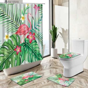 Duschgardiner tropiska gröna växter flamingo dusch gardin sommar djungel blomma blad landskap hem badmatta toalett täcker badrum matta set y240316