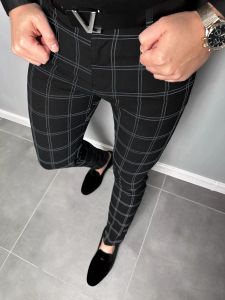 Checkered Fashion Europe과 미국 스타일 남성용 바지 비즈니스 캐주얼 여행 슬림 바지 편안하고