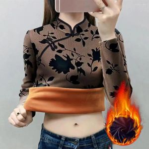 Ginásio Roupas Estilo Chinês Manga Longa T-shirt de Lã 2024 Mulheres Outono Inverno Cheongsam Collar Grosso Base Camisa Feminina All-Match Blusa