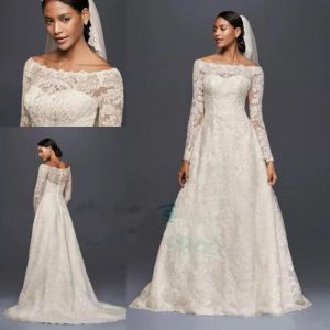 2024 Abiti da sposa modesti maniche lunghe Applique in pizzo Abiti da sposa con spalle scoperte Giardino Outdoor Plus Size Abito da sposa Oleg Cassini