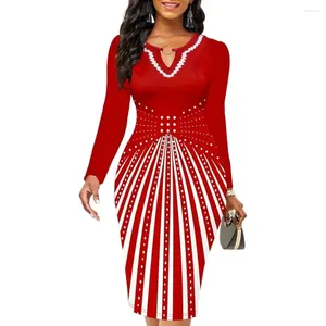 Casual Dresses Dress Contrast Color Geometric Print Slim Fit Sheath High Waist Metal Hook Decor V Neck Formal Commute Style Long