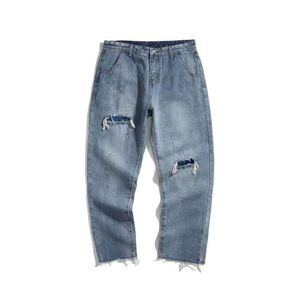 Осенние свободные мужские джинсы, укороченные прямые брюки в стиле хип-хоп, корейская версия, модные рваные брюки для нищих