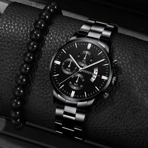 Other Watches Fashion Men Stainless Steel Luxury Calendar Quartz Wrist Business es Man Calendar Date Bracelet Clock Y240316