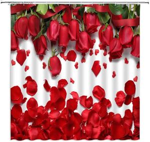 Tende da doccia Fiori di rosa Tende da doccia Petali sparsi floreali rossi naturali Romantico San Valentino Tessuto Bagno Decor Set con ganci Y240316