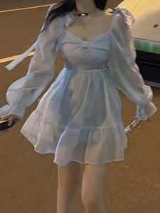 Vestidos casuais inverno coreano moda manga longa lolita feminino vintage y2k bege mini vestido kawaii azul uma peça