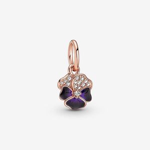 Charme de flor de pansy roxo profundo para Pandoras 18K Rose Gold Charms Set Designer Pulseira Fazendo Componentes 925 Colar de Prata Pingente com Caixa Original