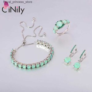 Bröllopsmycken sätter Cinily Fashion Green Opal smycken Set Womens Silver Plated and Droper Earrings and Rings Zircon Bohemian Style Q240316