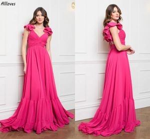 Stunning Fuchsia A Line Long Bridesmaid Dresses Sweep Train Rufffles Formal Party Gowns For Women Pleats V Neck Wedding Guest Maid Of Honor Dress CL3391