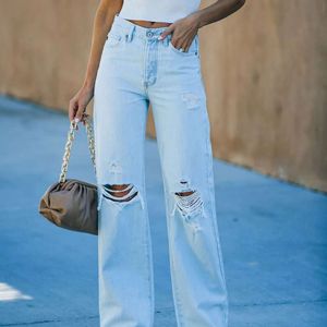 2024 Calça jeans feminina de pernas largas lavada e perfurada casual