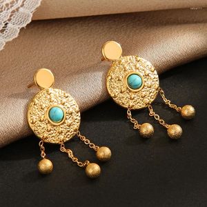 Stud Earrings Turquoise Round Shaped Tassel Long Dangle Stainless Steel Earring For Women Gold Color Bohemia Piercing Jewelry