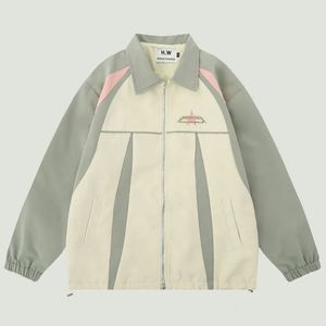 Hip Hop Patchwork Beyzbol Ceketleri Erkek Mektup Nakış Renk Bloğu Eklenmiş Harajuku Günlük Gevşek Bombacı Ceket UNISEX 240307