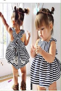 Novo estilo listrado colete vestido define laço padrão bowknot toppants roupas das meninas do bebê crianças traje vestidos de princesa 7066375