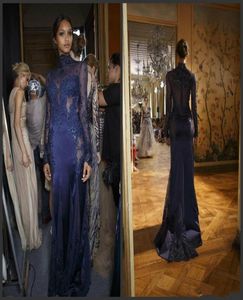 エレガントなZuhair Murad Navy Blue Long Mermaid Dresses High Neck Lace Aptiques Beaded Illusion Party Prom Gowns Special Occs2369178